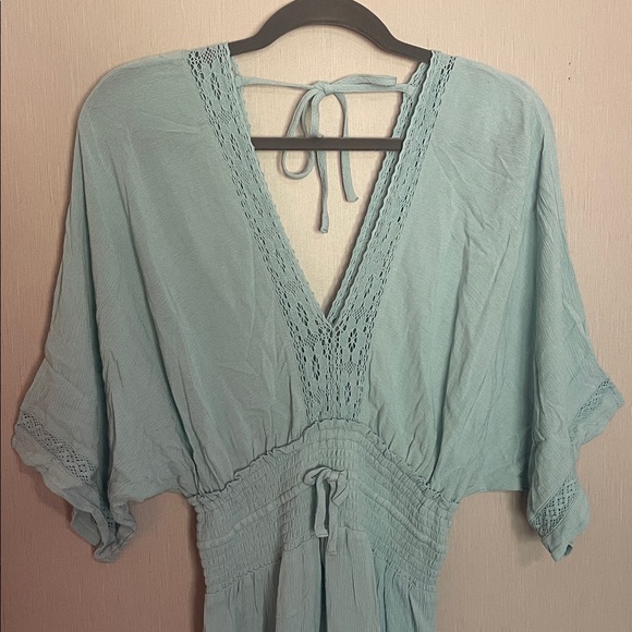 Lovestitch small blue lace crochet smocked dress rayon v neck tie back - Picture 3 of 8